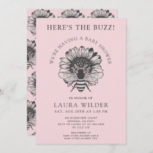 Pink Floral Heart Bee Baby Shower Invitation