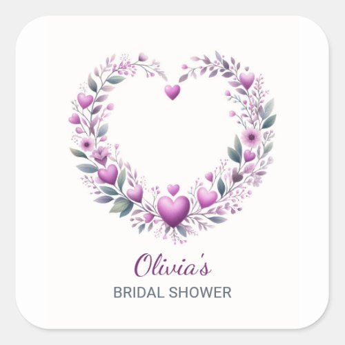 Pink Floral Heart Bridal Shower Invitation Square Sticker