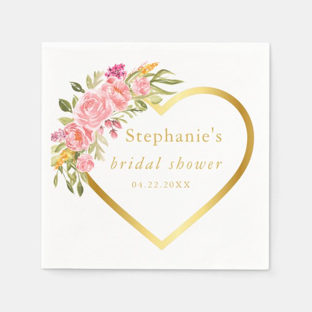 Pink Floral Heart Bridal Shower Napkins (Front)