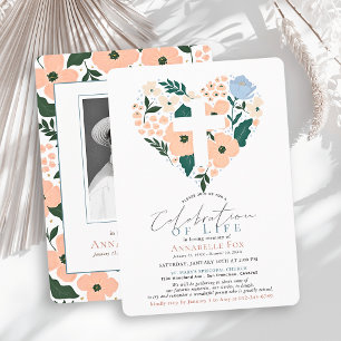 Pink Floral Heart Celebration of Life Funeral Invitation