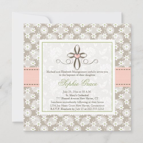 Pink Floral Heart Cross Baptism Photo Invitations