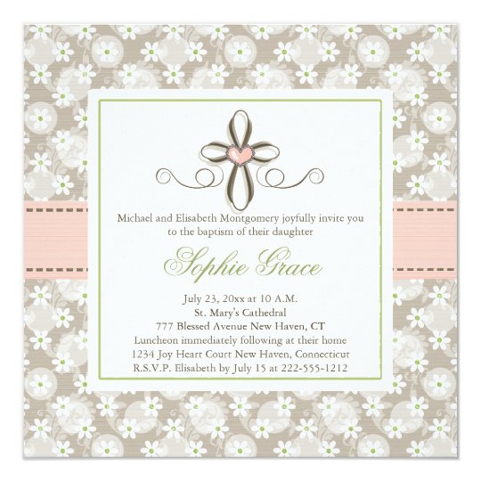 pink floral heart cross baptism photo invitations zazzle com
