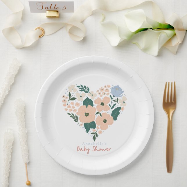 Pink Floral Heart Girl Baby Shower Paper Plates (Wedding)