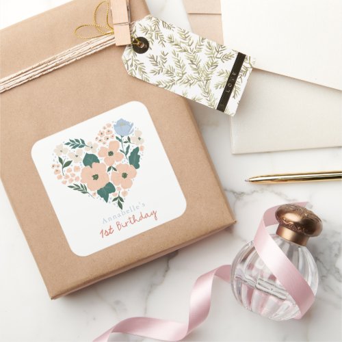 Pink Floral Heart Girl Birthday Square Sticker
