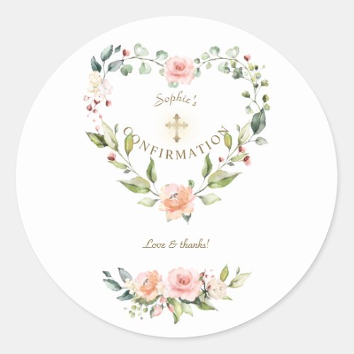 Pink Floral Heart Gold Cross Confirmation Classic Round Sticker