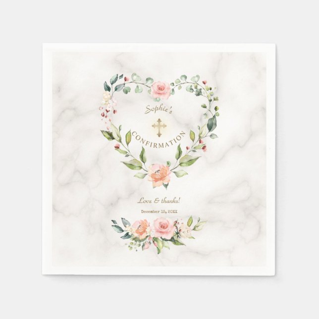 Pink Floral Heart Gold Marble Girl Confirmation Napkins (Front)