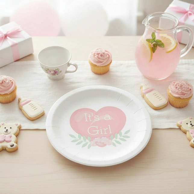 Pink Floral Heart It's A Girl Baby Shower Paper Plates (Creator Uploaded)