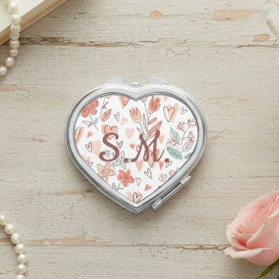 Pink Floral Heart Monogram Compact Mirror