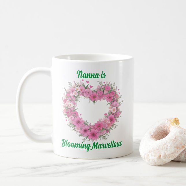 Pink Floral Heart Personalized Coffee Mug (With Donut)