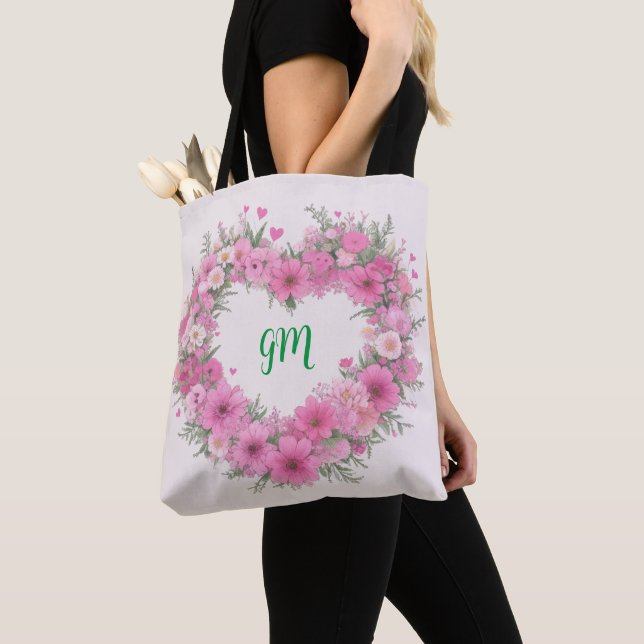 Pink Floral Heart Personalized Tote Bag (Close Up)