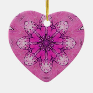 PINK FLORAL HEART pink violet purple white Ceramic Ornament