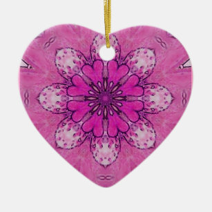 PINK FLORAL  HEART pink violet purple white Ceramic Ornament