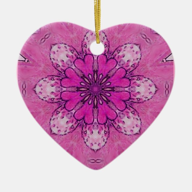 PINK FLORAL  HEART pink violet purple white Ceramic Ornament (Front)