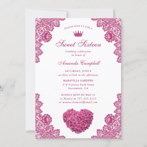 Pink Floral Heart Sweet Sixteen 16 Birthday Invitation