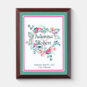 Pink floral heart wedding memory Plaque