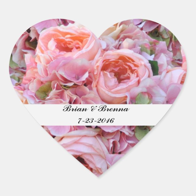 Pink Floral Heart Wedding Stickers & Envelope Seal (Front)