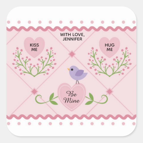 Pink Floral Hearts Be Mine Square Sticker