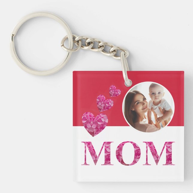 Pink Floral Hearts "MOM" Lettering Photo Red White Keychain (Front)