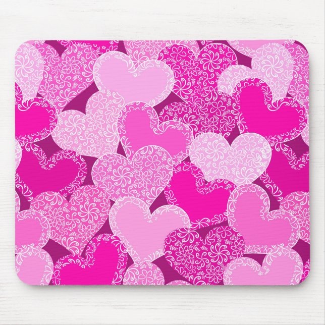 Pink floral hearts pattern mouse pad (Front)
