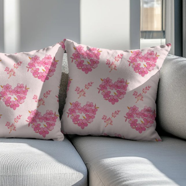 Pink Floral Hearts Pattern Throw Pillow (Creator Uploaded)