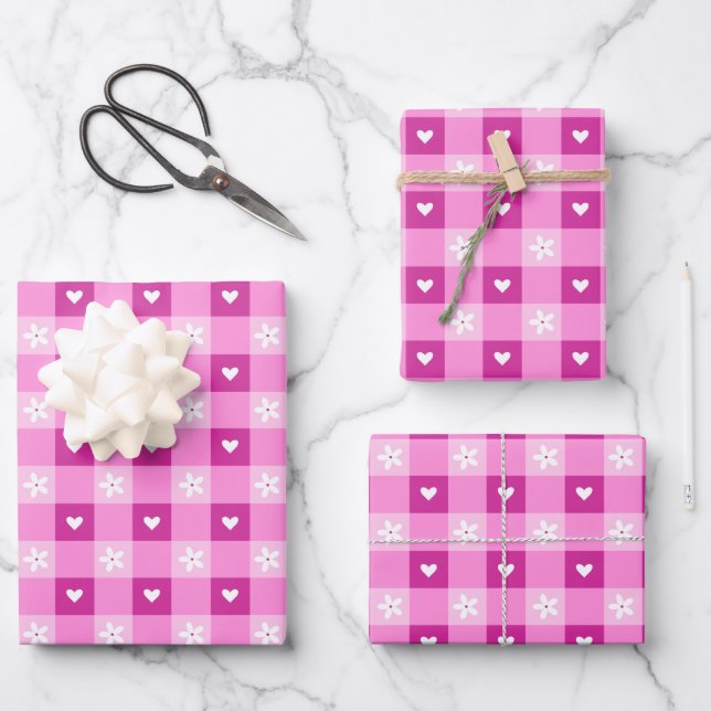 Pink Floral Hearts Wrapping Paper Sheets (Front)