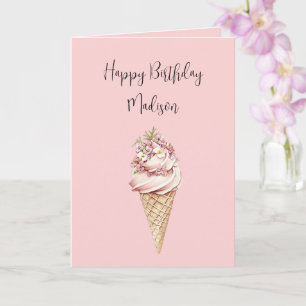 Pink Floral Here's the Scoop Ice Cream Birthday Card