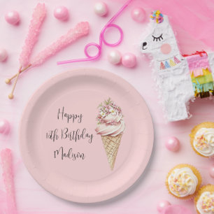 Pink Floral Here's the Scoop Ice Cream Birthday Paper Plates