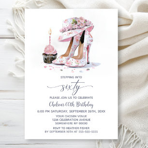 Pink Floral High Heel Shoes 60th Birthday Party Invitation