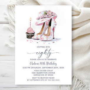 Pink Floral High Heel Shoes 80th Birthday Party Invitation