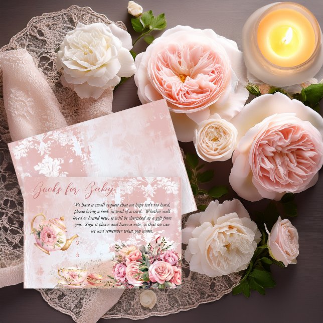 Pink Floral High Tea Baby Shower Books for Baby Enclosure Card (Elegant Pink Roses Floral High Tea Teapot and Teacup Girl Baby Shower Books for Baby Insert Card)