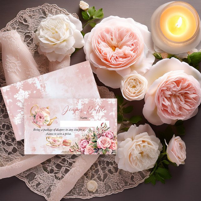 Pink Floral High Tea Baby Shower Diaper Raffle Enclosure Card (Elegant Pink Roses Floral High Tea Teapot and Teacup Girl Baby Shower Diaper Raffle Insert Card)