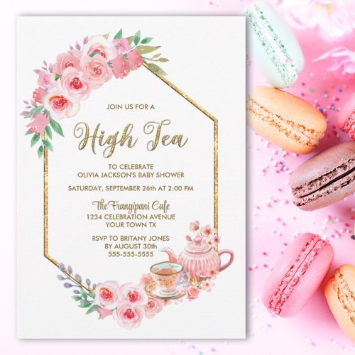 Pink Floral High Tea Baby Shower Invitation