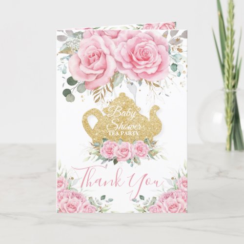 Pink Floral High Tea Party Baby Shower Birthday Thank You Card