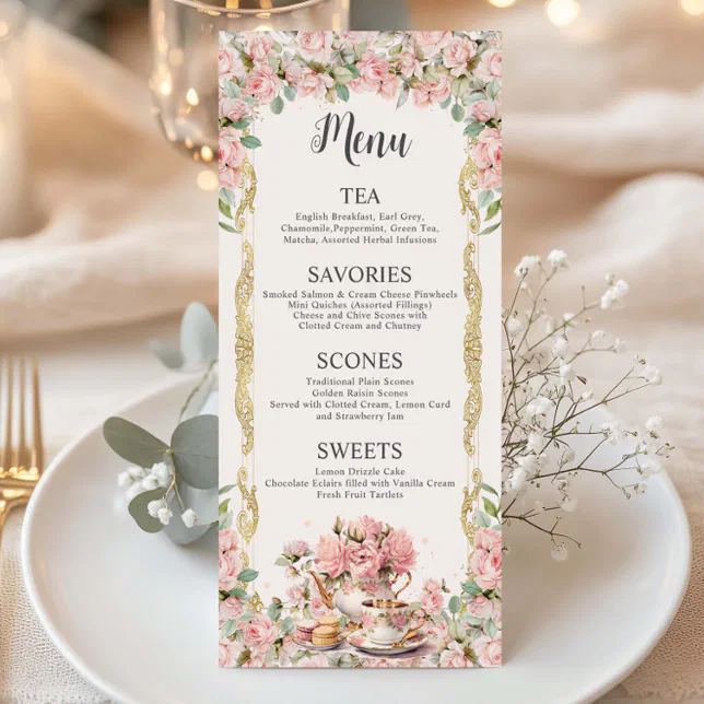 Pink Floral High Tea Party Bridal Birthday Baby Menu | Zazzle