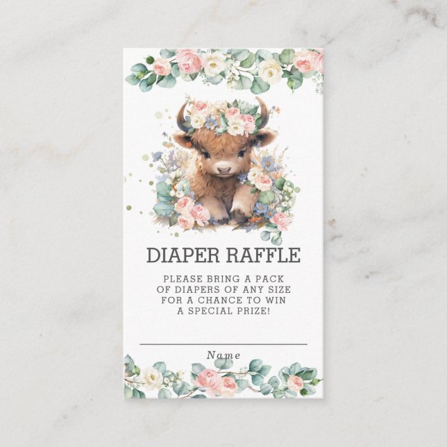 Pink Floral Highland Cow Baby Shower Diaper Raffle Enclosure Card (Front)