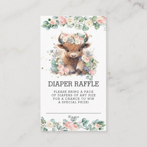 Pink Floral Highland Cow Baby Shower Diaper Raffle Enclosure Card