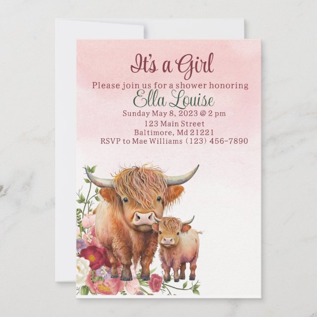 Pink floral Highland cow baby shower invitation  (Front)