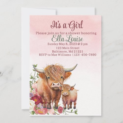 Pink floral Highland cow baby shower invitation 