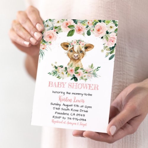 Pink Floral Highland Cow Baby Shower Invite