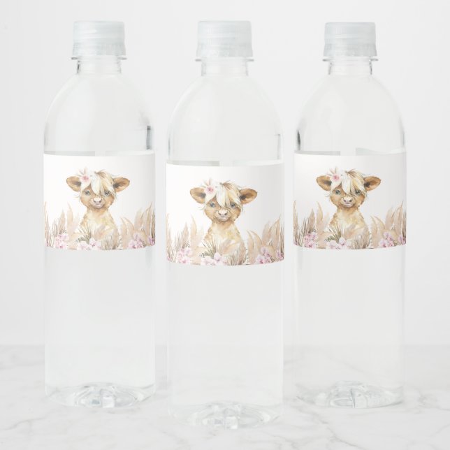 Pink Floral Highland Cow Water Bottle Label (Bottles)