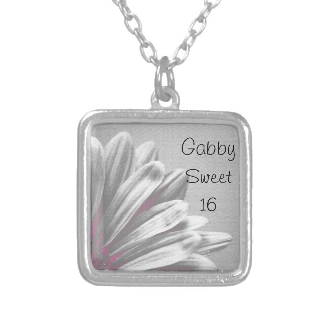 Pink Floral Highlights Sweet 16 Birthday Silver Plated Necklace (Front)