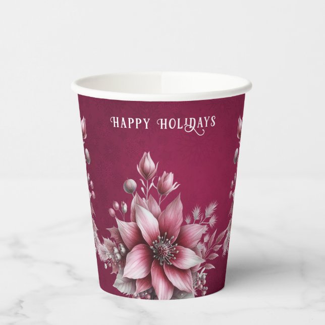 Pink Floral Holiday Paper Cups (Left)