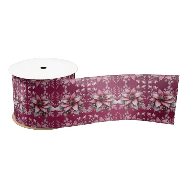 Pink Floral Holiday Satin Ribbon (Spool)