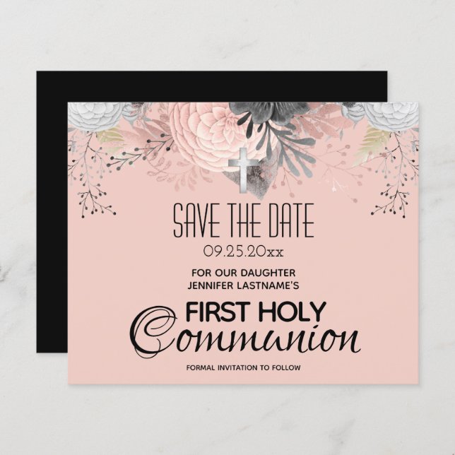 Pink Floral Holy Communion Save the Date Budget (Front/Back)