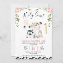 Pink Floral Holy Cow Cow Print First Birthday Invitation