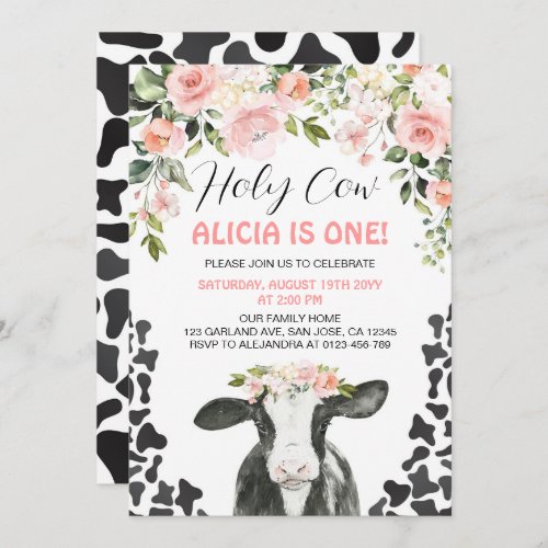 Pink Floral Holy Cow Cow Print First Birthday Invitation