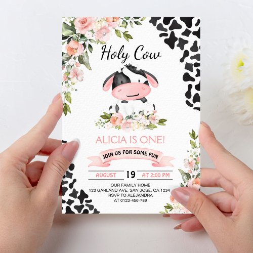 Pink Floral Holy Cow Cow Print First Birthday Invitation