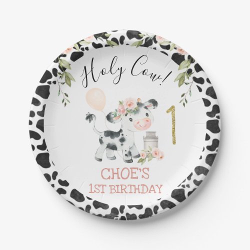 Pink Floral Holy Cow Cow Print First Birthday Paper Plates