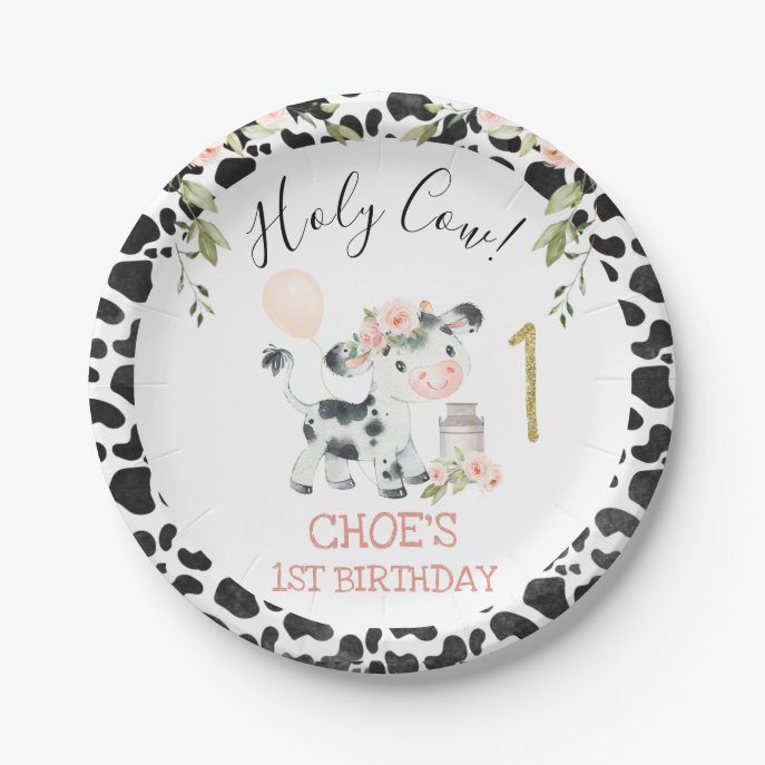 Pink Floral Holy Cow Cow Print First Birthday Paper Plates