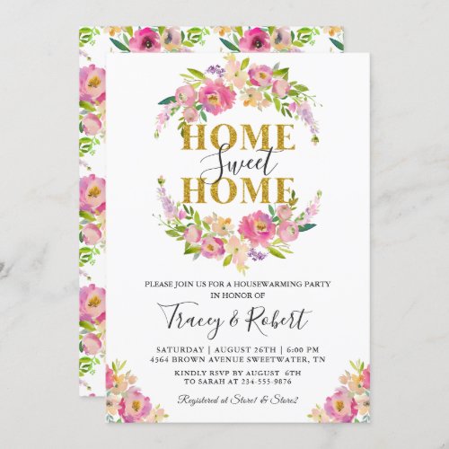 Pink Floral Home Sweet Home Housewarming Invite